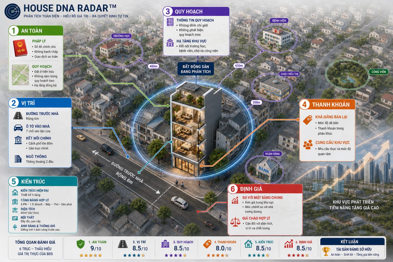 House DNA Radar: một căn nhà ở trung tâm được phân tích theo 6 trục An toàn, Vị trí, Quy hoạch, Thanh khoản, Kiến trúc, Định giá, kèm khoảng cách tới trường học, chợ, bệnh viện, ngân hàng và công viên.